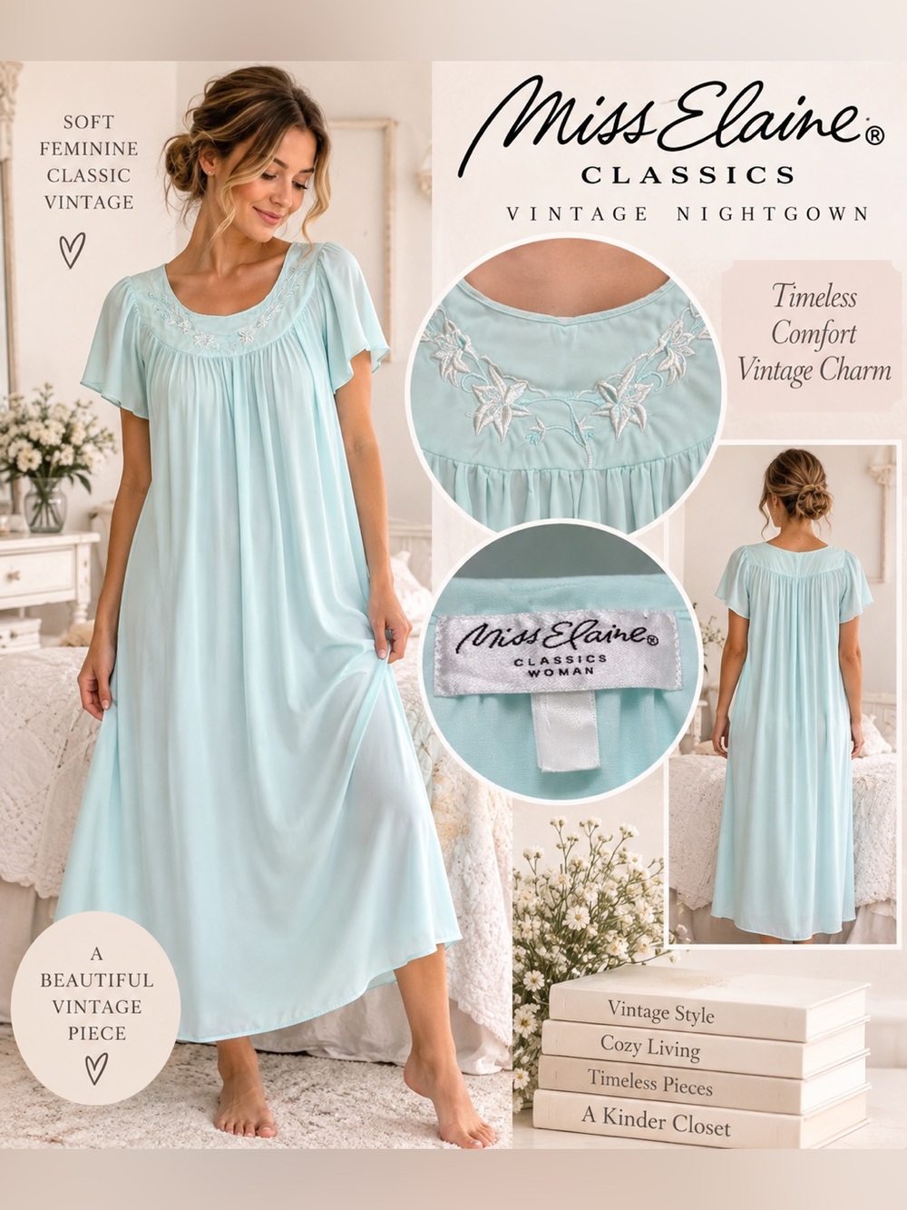 Vintage Miss Elaine Classics Aqua Blue Cottagecore Embroidered Nightgown Lounge